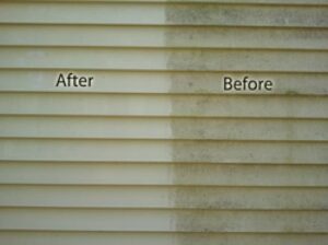 Close-up of house siding showing "After" on a clean side and "Before" on a dirt-stained, moldy side.