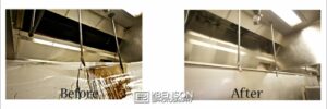 Side-by-side images of a kitchen exhaust before cleaning, showing grease, and after cleaning, showing a clean surface.