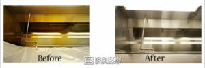 Side-by-side images show a greasy kitchen hood before cleaning and the same hood spotless and shiny after cleaning.